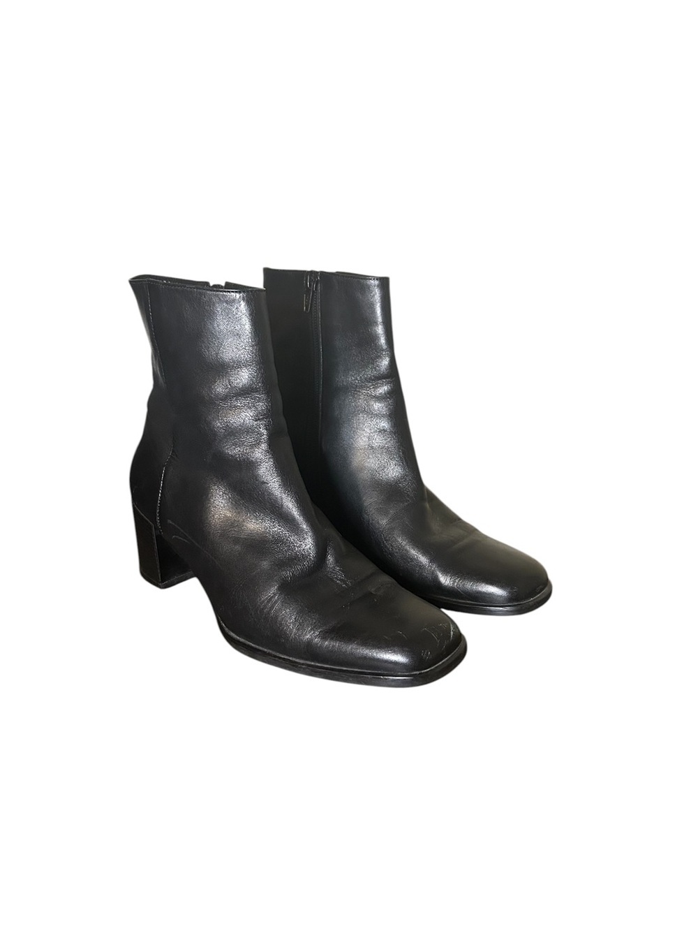 Black Leather Ankle Boots Block Heel Zip Closure Size 37
